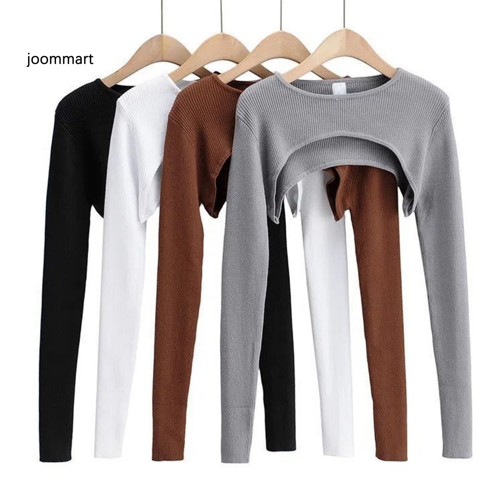 Joom เสื้อครอปท็อปแขนยาว ผ้าถัก น้ําหนักเบา สีพื้น สําหรับผู้หญิง