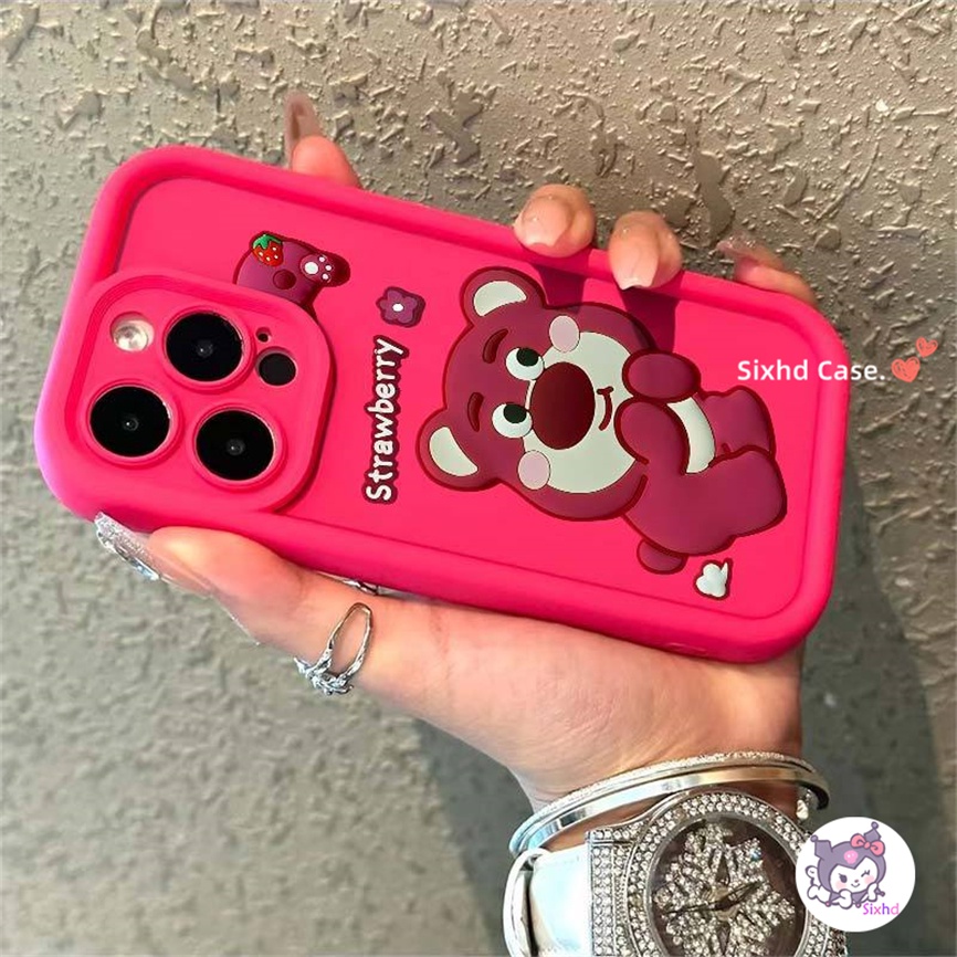 เคสโทรศัพท์มือถือ ซิลิโคนนิ่ม ผิวด้าน กันกระแทก กันรอยเลนส์กล้อง ลายการ์ตูนหมีสตรอเบอร์รี่ สําหรับ iPhone 11 15 7 8 Plus 14 13 12 Pro Max SE 2020 X XR Xs Max
