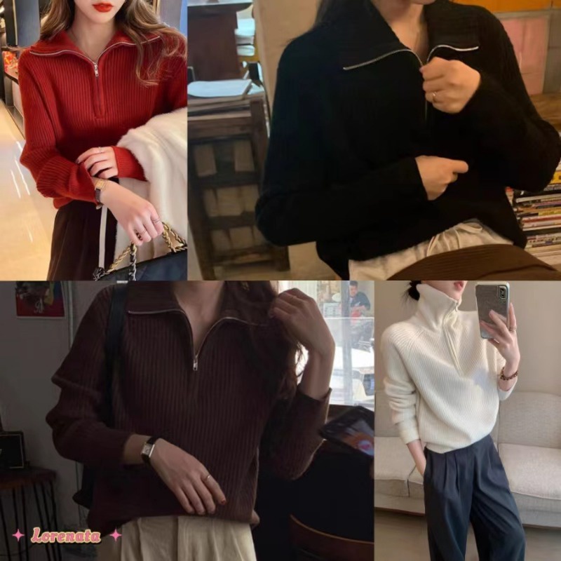 LORENATA(จัดส่งจากกรุงเทพฯ) ใหม่ เสื้อถักนิตติ้งครึ่งตัวซิปด้านนอกสำหรับผู้หญิงทรงหลวม