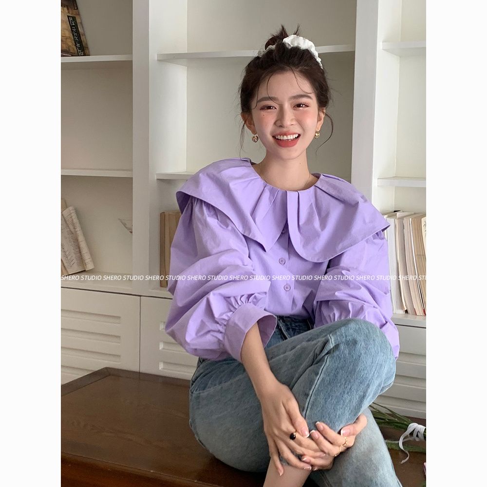 เสื้อเชิ้ตแขนตุ๊กตา สีม่วง ระดับไฮเอนด์ สไตล์ฝรั่งเศส แฟชั่นฤดูใบไม้ร่วง สําหรับผู้หญิง
