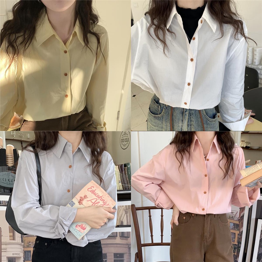 Lune_Grace-พร้อมส่ง-เสื้อเชิ้ตแขนยาวสีพึ้นสไตล์เกาหลี เชิ้ตทำงาน เสื้อเชิ้ตโอเวอร์ไซส์ กันแดด รุ่นW302