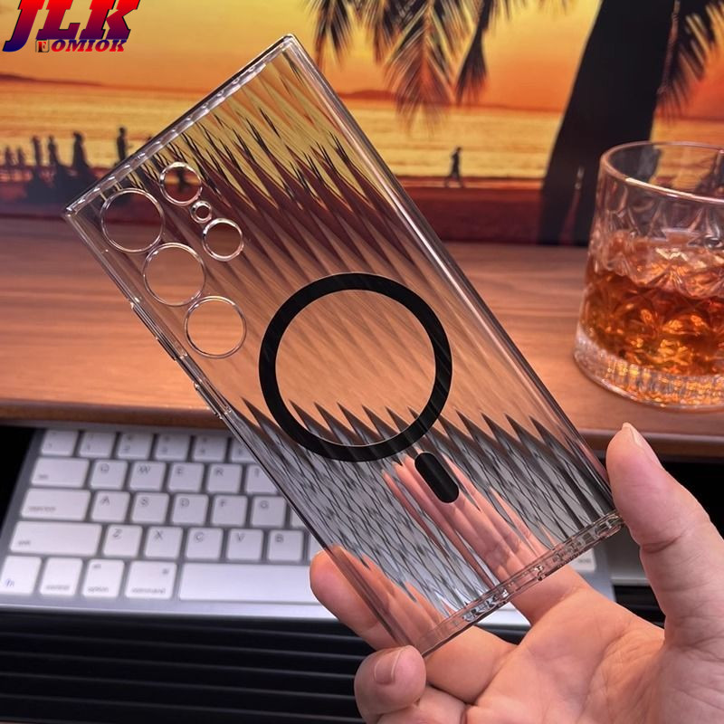 [JLK] Ultra Thin Corrugated Pattern Matte Magnetic Wireless Charger Phone Case for Samsung S24 Ultra S23 Plus S23+ S24+ Transparent Shockproof Hard Cover