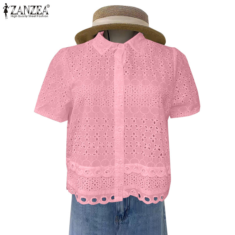 Zanzea เสื้อเชิ้ตแขนสั้นปักลายกลวงสําหรับผู้หญิง