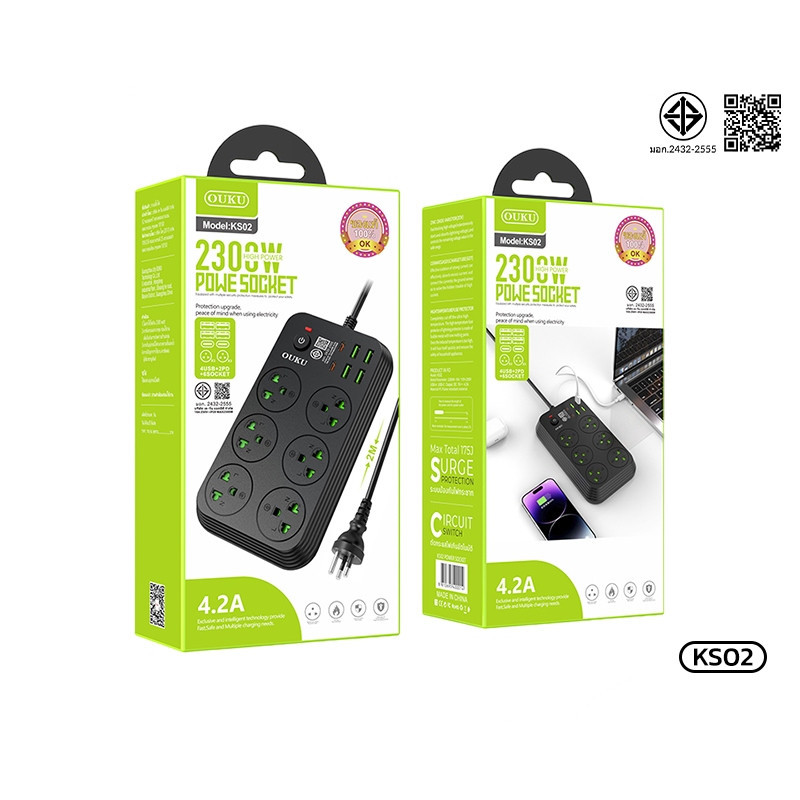 OUKU KS02 ปลั๊กไฟ ต่อพ่วง ชาร์จเร็ว 12 ช่อง4USB + 2 Type-C + 6 ช่องปลั๊ก จ่ายไฟ2300W ยาวสาย 2เมตร