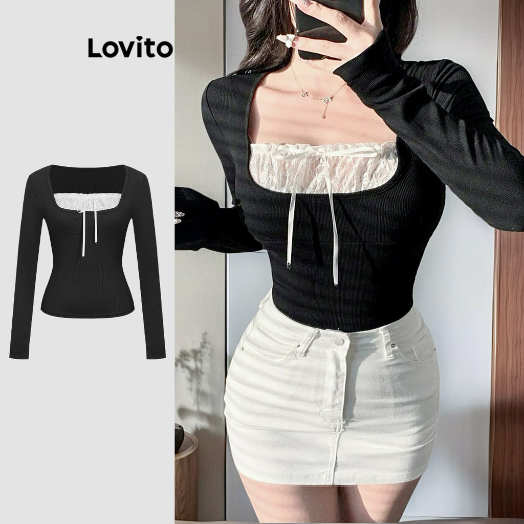 Lovito เสื้อยืดคอกลมลูกไม้ 2-in-1 ทรงน่ารักสำหรับผู้หญิง L114AD005