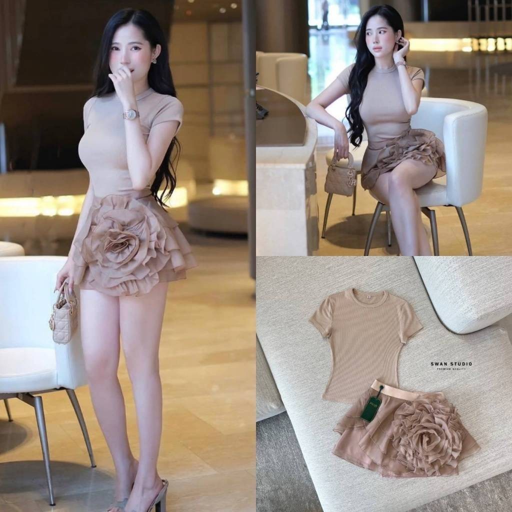 Shop_DD (พร้อมส่ง)  Swan204 เซทเสื้อยืดผ้าร่องสีน้ำตาล เนื้อผ้าอย่างดีเด้งใส่สบาย  สวยหรู