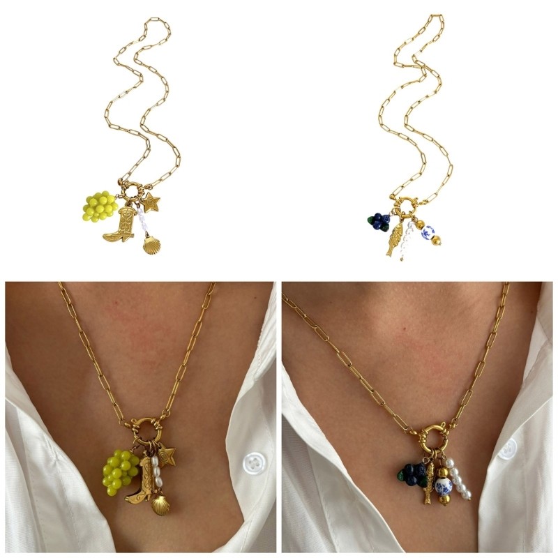 PPY สร้อยคอสแตนเลสที่ทันสมัยนําเสนอสําหรับผู้หญิงที่มีเสน่ห์ไข่มุกเทียมและเปลือกบลูเบอร์รี่องุ่นศิลป