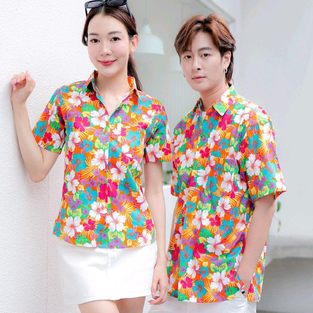 NEW027 เสื้อเชิ้ตลายดอก ผ้าคอตตอน100% สีไม่ตก ผ้าไม่หด ลายคมชัด มีไซส์หญิงชาย 34-54นิ้ว งานป้ายKTIER*1ตัว*