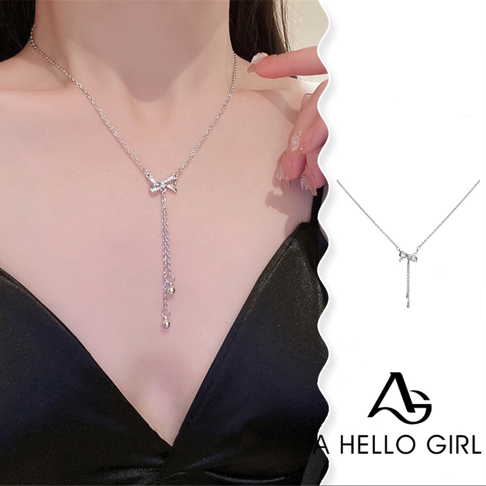 A HELLO GIRL สร้อยคอโซ่ยาว ประดับโบว์ สไตล์เกาหลี หรูหรา สําหรับผู้หญิง