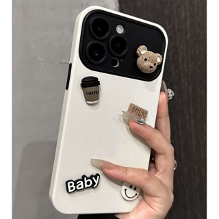เคสไอโฟน15 หมีกาแฟ 3D เคส iPhone 11 2in1 เคสหน้าต่างบานใหญ่กันกระแทกแข็งแบบนิ่มซิลิโคนโทรศัพท์มือถือสำหรับ เคส Apple iPhone 11 12 10x XS X 14 13 Pro Max Xr iPhone11 15 Pro max เคสไอโฟน11 Case