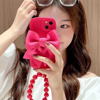 เคสโทรศัพท์มือถือแฟชั่น ประดับโบว์ ขอบหยัก พร้อมสายคล้องลูกปัด สําหรับ Apple Iphone ip12 ip 12 Pro Max ip13 13 Pro Max ip14 ip 14 Pro Max 14 Plus