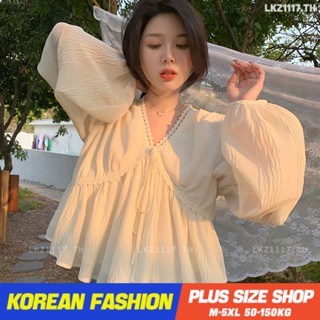 Plus size เสื้อผ้าสาวอวบ❤ เสื้อสาวอวบอ้วน ไซส์ใหญ่ ผู้หญิง ทรงหลวม แขนยาว คอวี สีขาว ฤดูใบไม้ร่วง สไตล์เกาหลีแฟชั่น