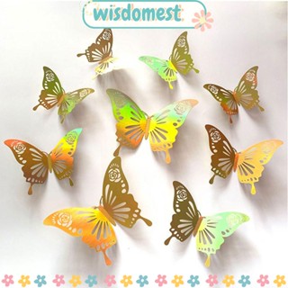 WISDOMEST สติกเกอร์ ลายผีเสื้อ 3D หลากสี สีเงิน สีทอง ของขวัญ สําหรับตกแต่งบ้าน งานแต่งงาน ปาร์ตี้ 12 ชิ้น ต่อชุด