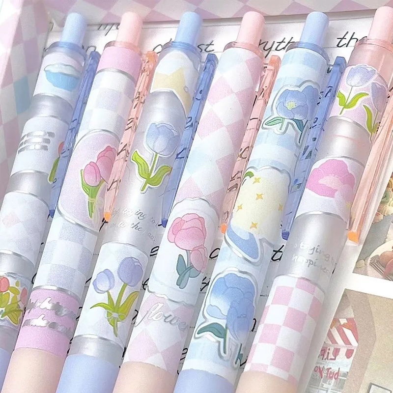 ชุดปากกาหมึกเจล สีดํา พิมพ์ลายดอกกุหลาบ คุณภาพสูง 6 ชิ้น ต่อกล่อง