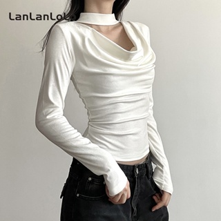 Lanlanlolo เสื้อแขนยาว คอวี เข้ารูป สีพื้น เข้ากับทุกการแต่งกาย แฟชั่นสําหรับสตรี 2023