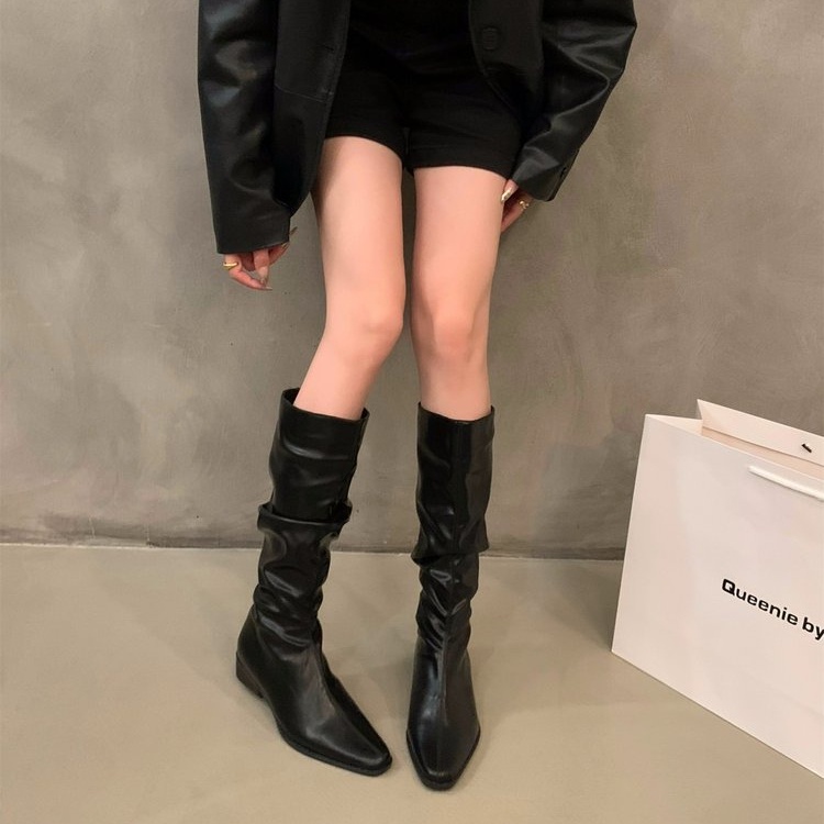 รองเท้าบูท หนัง PU ส้นสี่เหลี่ยม สีพื้น สไตล์ฝรั่งเศส เรโทร ราคาถูก ขายส่ง แฟชั่นฤดูหนาว สําหรับผู้หญิง นักเรียน