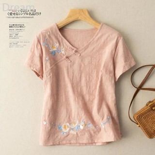 Embroidered crossbody buckle cotton linen T-shirt womens summer new thin artistic retro linen top womens embroidered