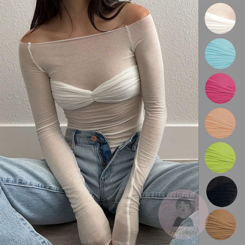 Dre-womens Off Shoulder Tops แขนยาว Ruched หน้าอกสีทึบ Slim Fit เสื้อยืด