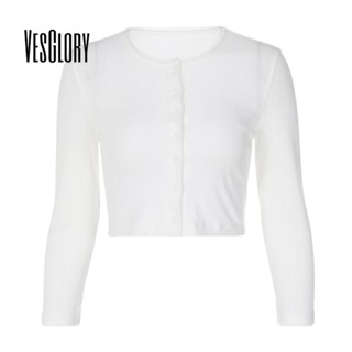 Vesglory เสื้อครอปท็อป แขนยาว คอปาด ทรงสลิมฟิต สีพื้น แฟชั่นสําหรับผู้หญิง 2023