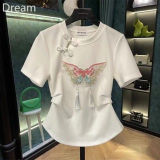 Summer pleated beaded butterfly buckle round neck short-sleeved T-shirt new fashion fashion all-match outerwear top