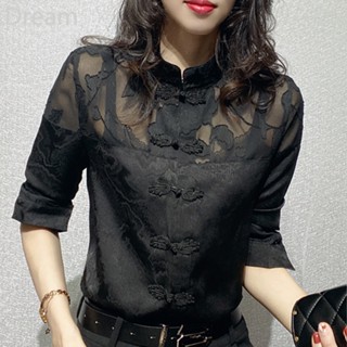 High-end temperament black long-sleeved buckle shirt new womens spring and summer Chinese style loose slimming shirt