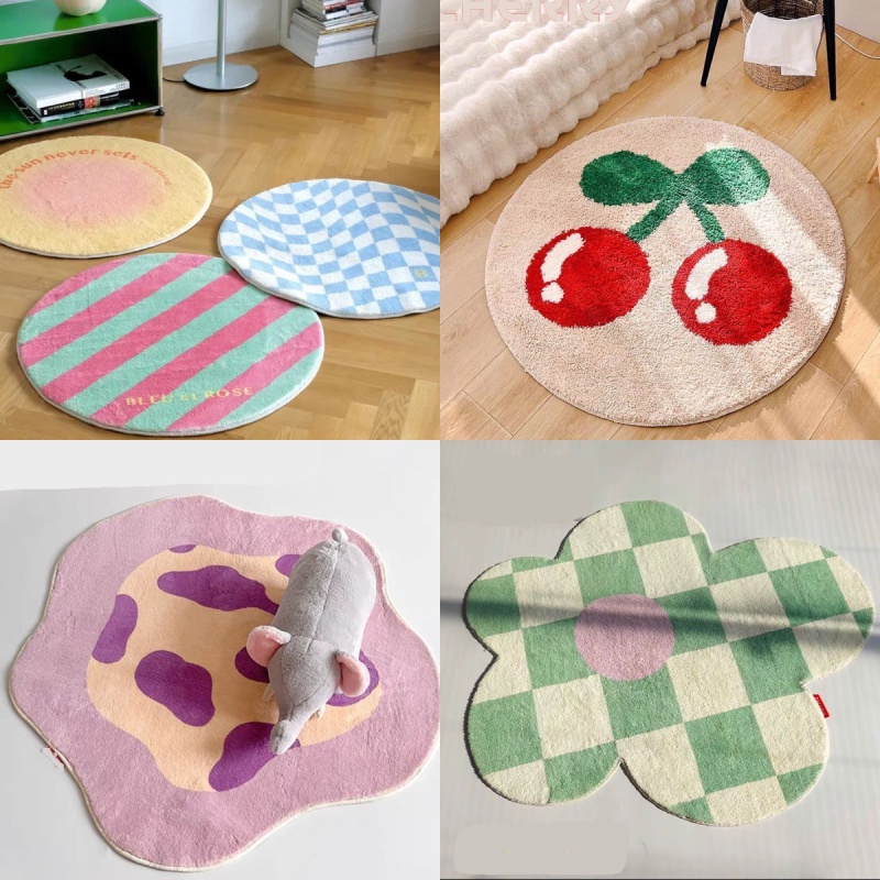 พรมปูพื้น ผ้ากํามะหยี่ขนนิ่ม ทรงกลม ลายดอกไม้ ป้องกันคราบ สําหรับห้องนอน ห้องหัวใจ