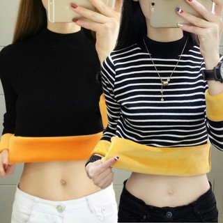 751#复合加绒加厚打底衫女秋冬新款韩版修身百搭长袖T恤保暖上衣