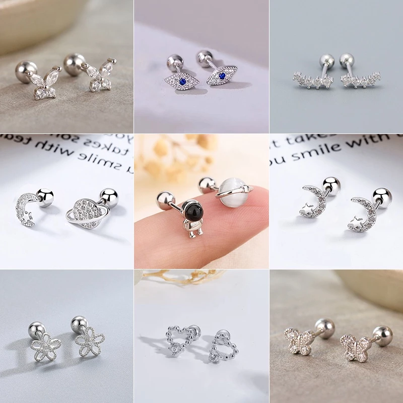 ต่างหูเข็มเงิน 925 ประดับเพทาย แบบเกลียว สีเงิน สําหรับผู้หญิง 2 ชิ้น