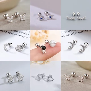 ต่างหูเข็มเงิน 925 ประดับเพทาย แบบเกลียว สีเงิน สําหรับผู้หญิง 2 ชิ้น