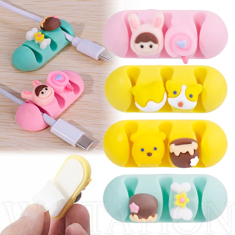 คลิปซิลิโคน ลายการ์ตูนน่ารัก สีแคนดี้ มีกาวในตัว สําหรับจัดเก็บสายชาร์จ สายเคเบิล ตั้งโต๊ะ บ้าน สํานักงาน