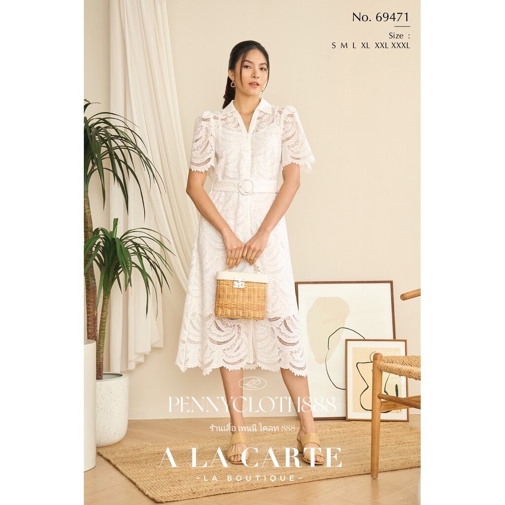 69471 เชิ้ตเดรสผ้าลูกไม้ชีฟอง แขนสั้น กระดุมหน้า มีเข็มขัด (ถอดได้) มีซับใน ความยาว 47-49 นิ้ว by PENNY CLOTH 888