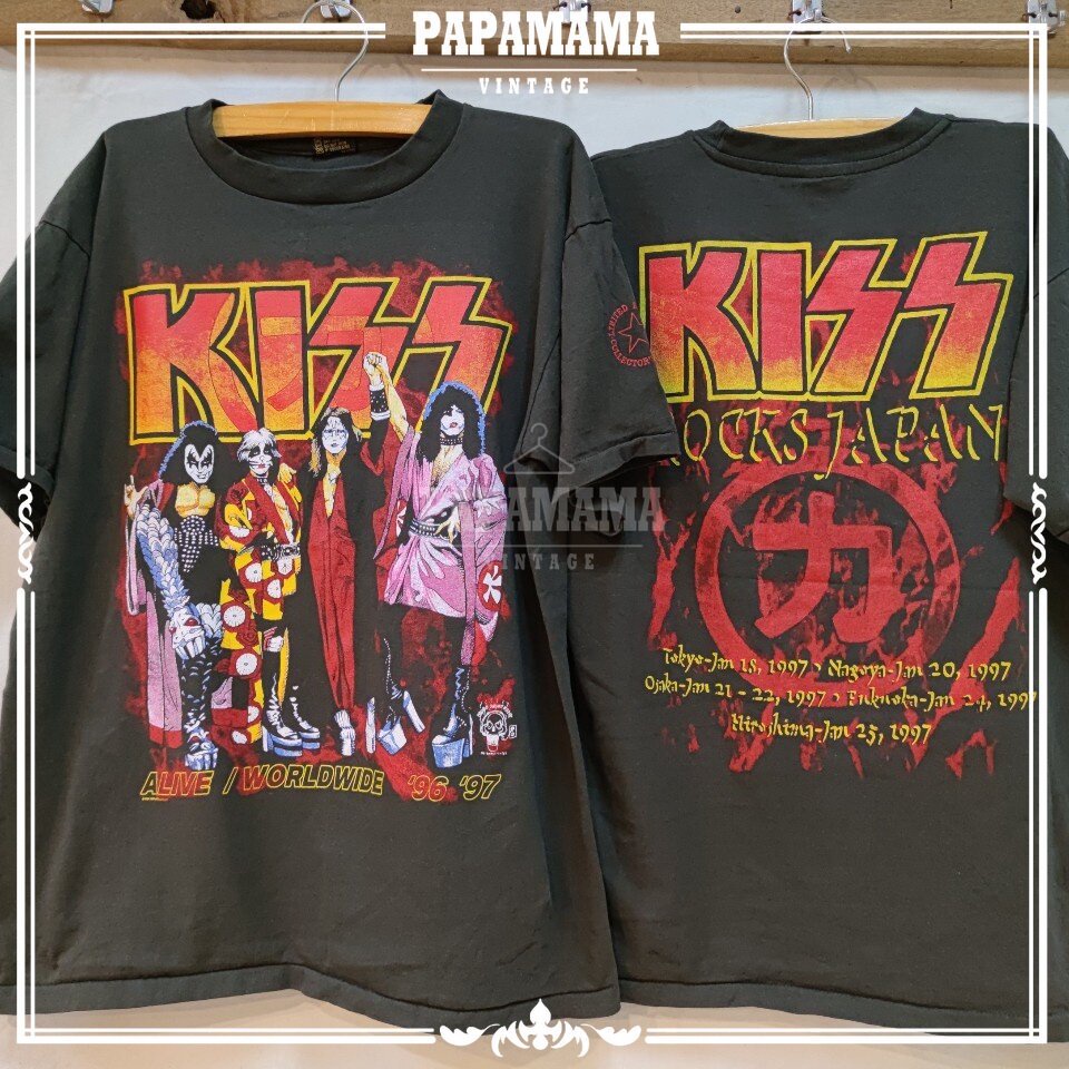 เสื้อยืดพิมพ์ลายพรีเมี่ยม KISS ALIVE WORLDWIDE TOUR JAPAN '96 '97 เสื้อวง เสื้อทัวร์ ผ้าร้อย ฟอกนุ่มวงคิสสีเฟดเทา