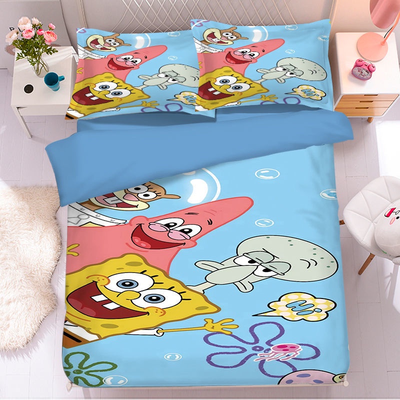 ชุดผ้าปูที่นอน SpongeBob สี่ชิ้น ชุดผ้าปูที่นอน Patrick Star ปลอกหมอน ผ้าคลุมที่นอน ปลอกผ้านวม Spong
