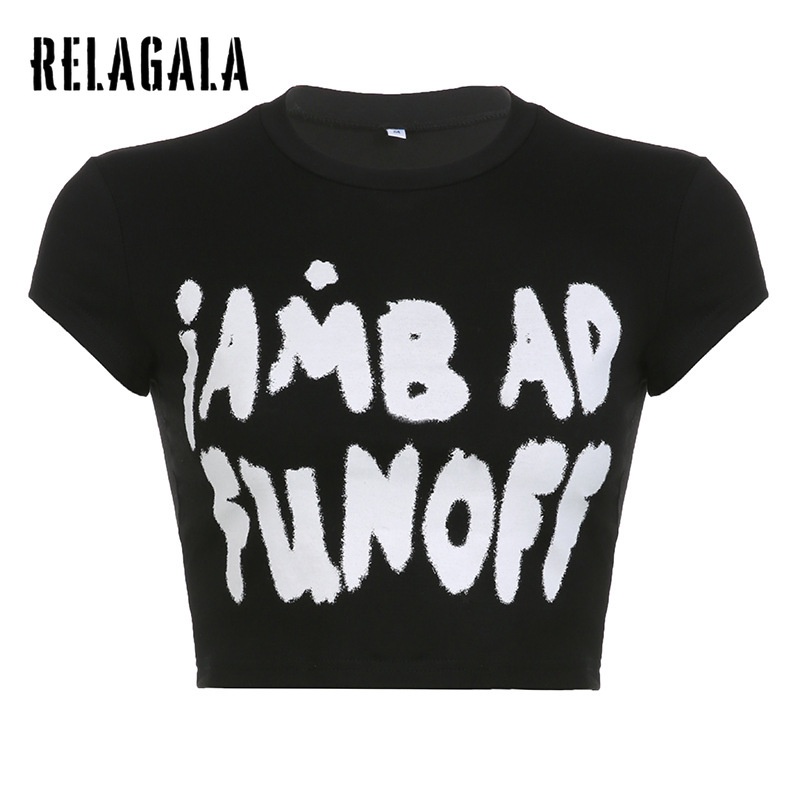 Relagala เสื้อยืด คอกลม แขนสั้น พิมพ์ลายตัวอักษร แบบเข้ารูป แฟชั่นสําหรับผู้หญิง 2023