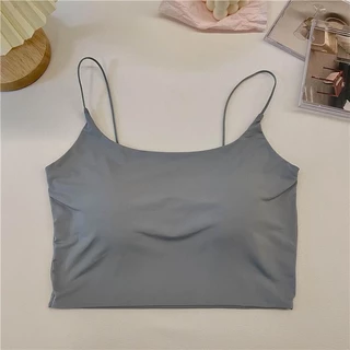 mimi&didi ใหม่ เสื้อครอปสายเดี่ยว คอยู เซ็กซี่ สายสปาเก็ตตี้ ทรงสลิมฟิต สไตล์เกาหลี (พร้อมแผ่นรองหน้าอก)X5618