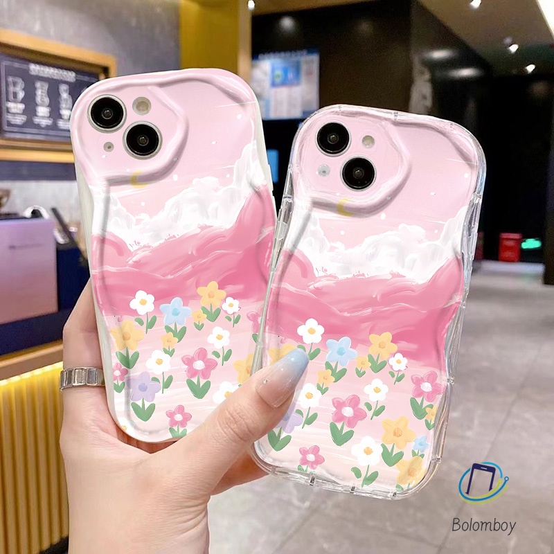 กันกระแทก คลื่น เคสโทรศัพท์ for Iphone 11 12 13 14 15 Pro Max XR 7 8 Plus X XS MAX SE อ่อนนุ่ม เคสมือถือ สีชมพูเคสดอกไม้