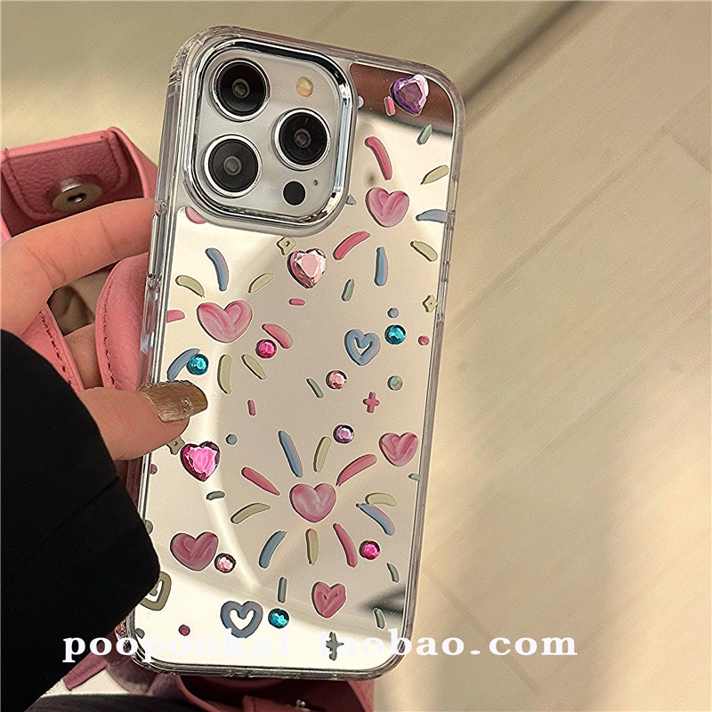 Huiwanju เคสโทรศัพท์มือถือกระจก ลายดอกไม้ไฟ หัวใจ เรียบง่าย สําหรับ iPhone15 13promax 13 14pm 12pro 14proins