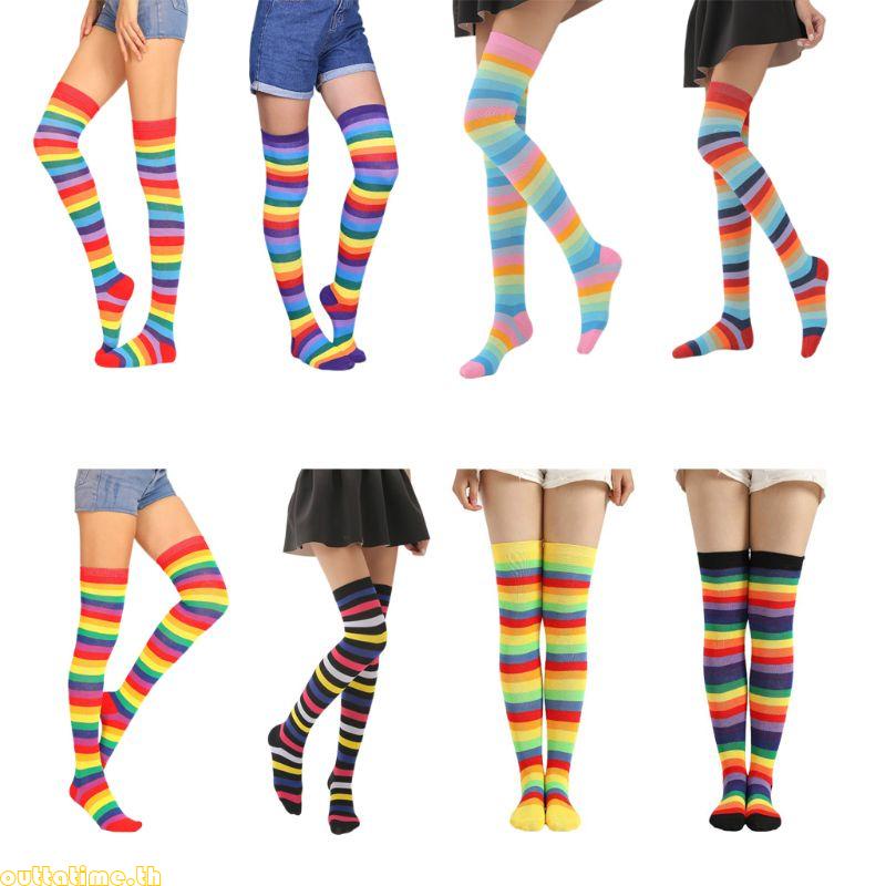 Women Girls Fancy Rainbow Colorful Stripes Over Knee Long Socks Halloween Cospla