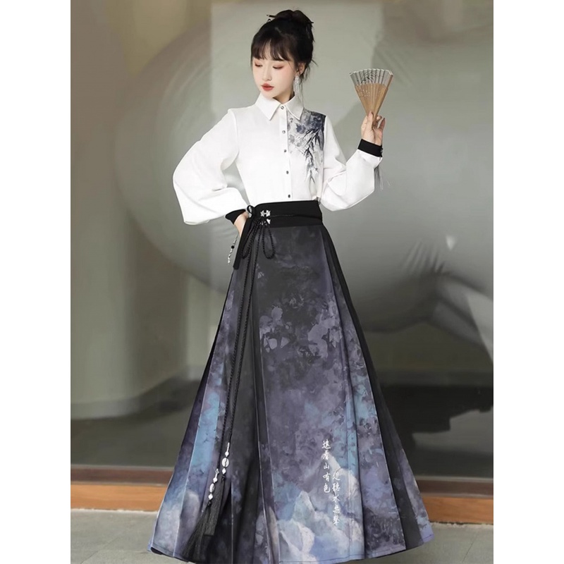 ชุดเสื้อเชิ้ตกระโปรง และกระโปรง รูปม้า สไตล์จีน แฟชั่นฮั่นฝู สําหรับผู้หญิง