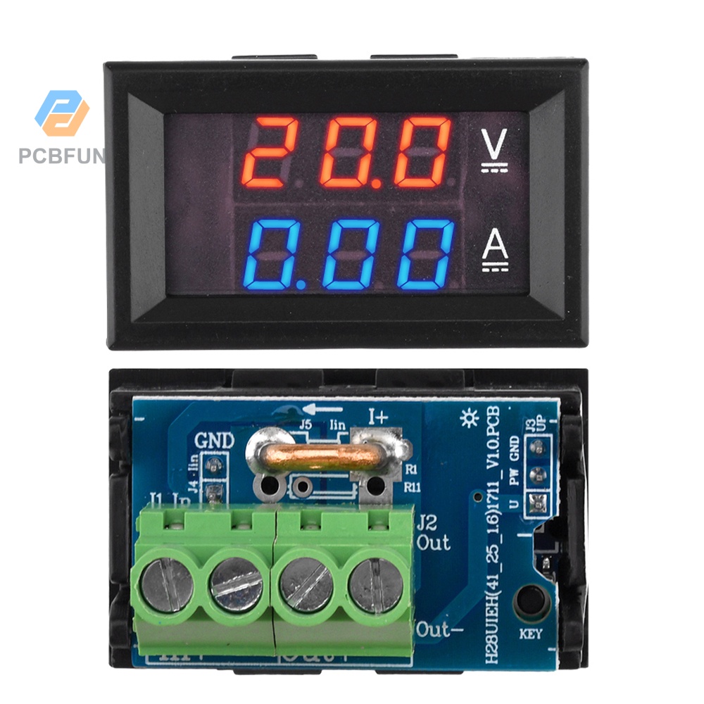 Pcbfun เครื่องทดสอบแรงดันไฟฟ้าดิจิทัล Dc 7-100v 20a 50a และแอมมิเตอร์ 0.28 นิ้ว 3 หลัก สีฟ้า และสีแดง หน้าจอ Led คู่
