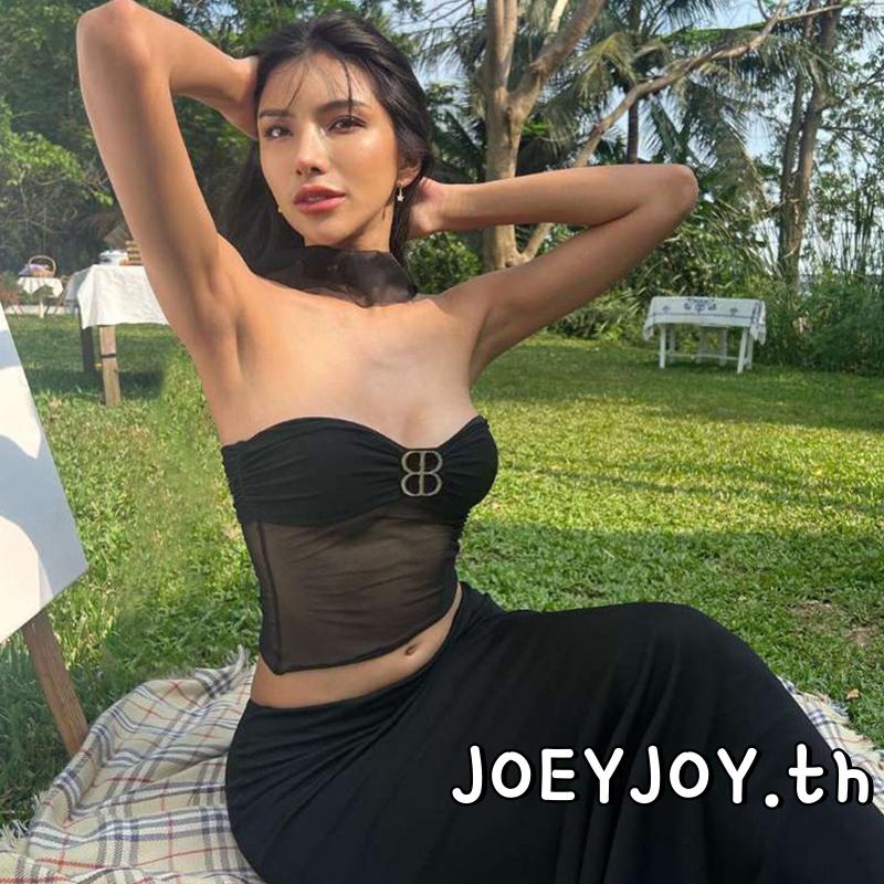 Joeyjoy-เสื้อครอปเข้ารูปผู้หญิงสีดําแขนกุดเชือกแขวนคอคอหัวเข็มขัดโลหะตกแต่งออกไปเสื้อกล้าม
