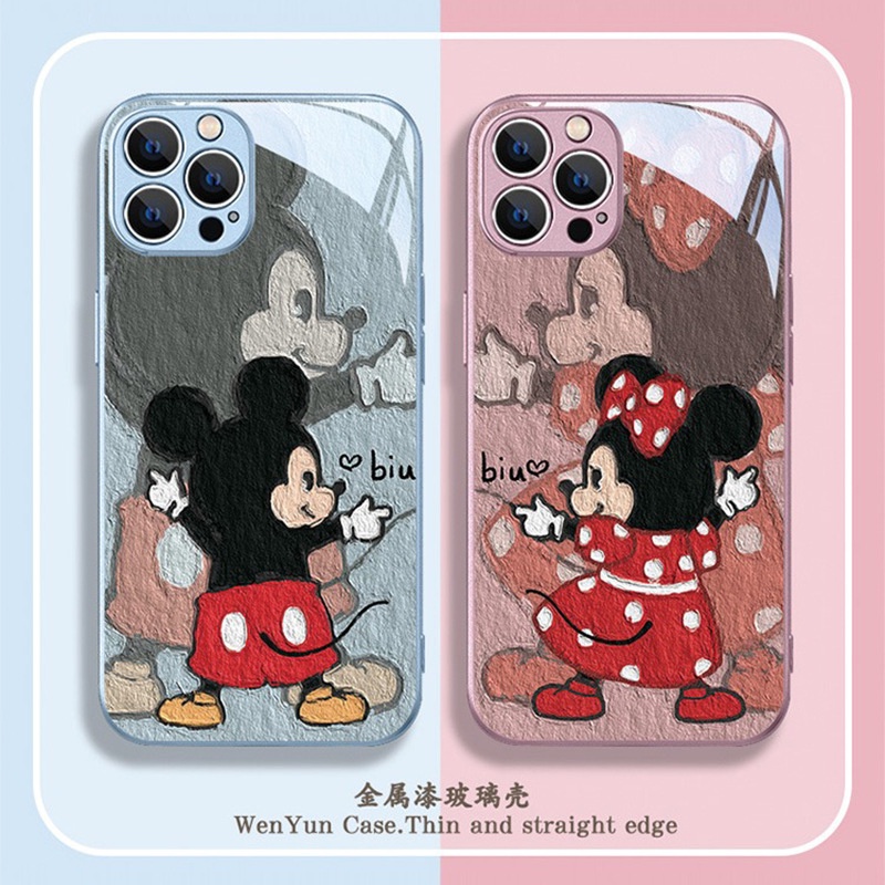 เคสโทรศัพท์มือถือแบบแก้ว ลายมิกกี้ มินนี่เมาส์ สีน้ํามัน สําหรับ IPhone 15pro Max 14Pro 13 12 11pro Xsmax 7 8plus