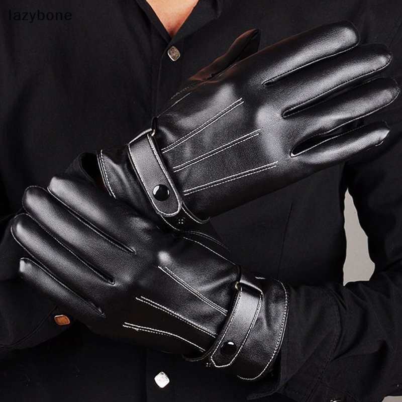 {LZ} ผู้ชายฤดูหนาวหนังถุงมือสีดําปุ่ม Warm Mittens กีฬากลางแจ้งขับรถเล่นสกีถุงมือกันลมผู้ชายอุปกรณ์ฤดูหนาว {lzybone}