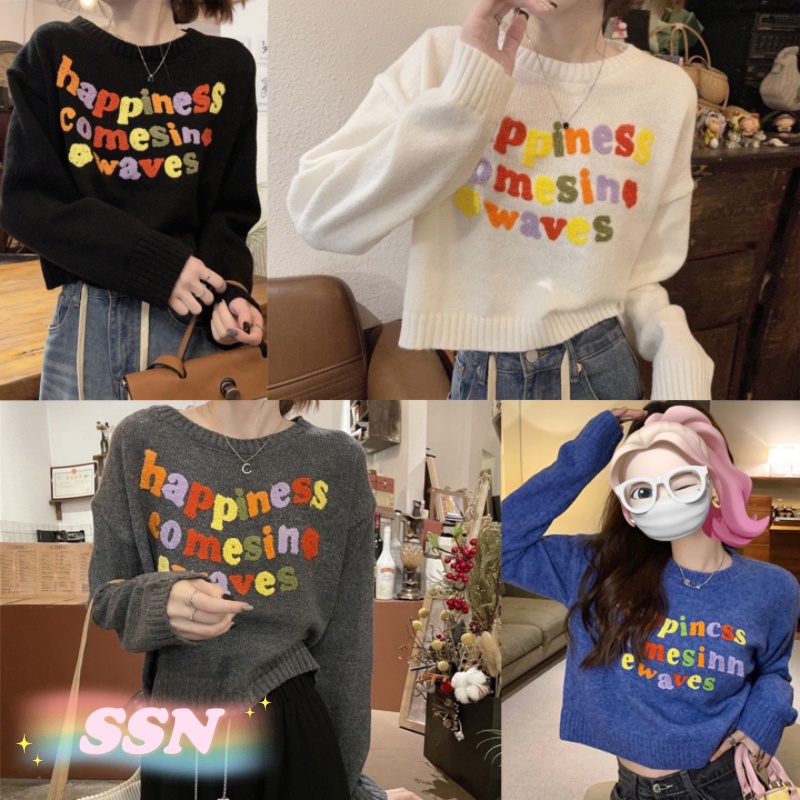 (จัดส่งจากประเทศไทย) การเย็บปักถักร้อยจดหมายสีสัน เสื้อกันหนาว สไตล์ขี้เกียจ สไตล์สั้น แขนยาวหลวม เสื้อถัก