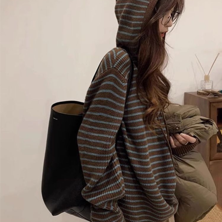 เสื้อกันหนาวผู้หญิง ผ้าถัก มีฮู้ด ลายทาง ทรงหลวม ใส่สบาย ฤดูใบไม้ร่วง-ฤดูหนาว