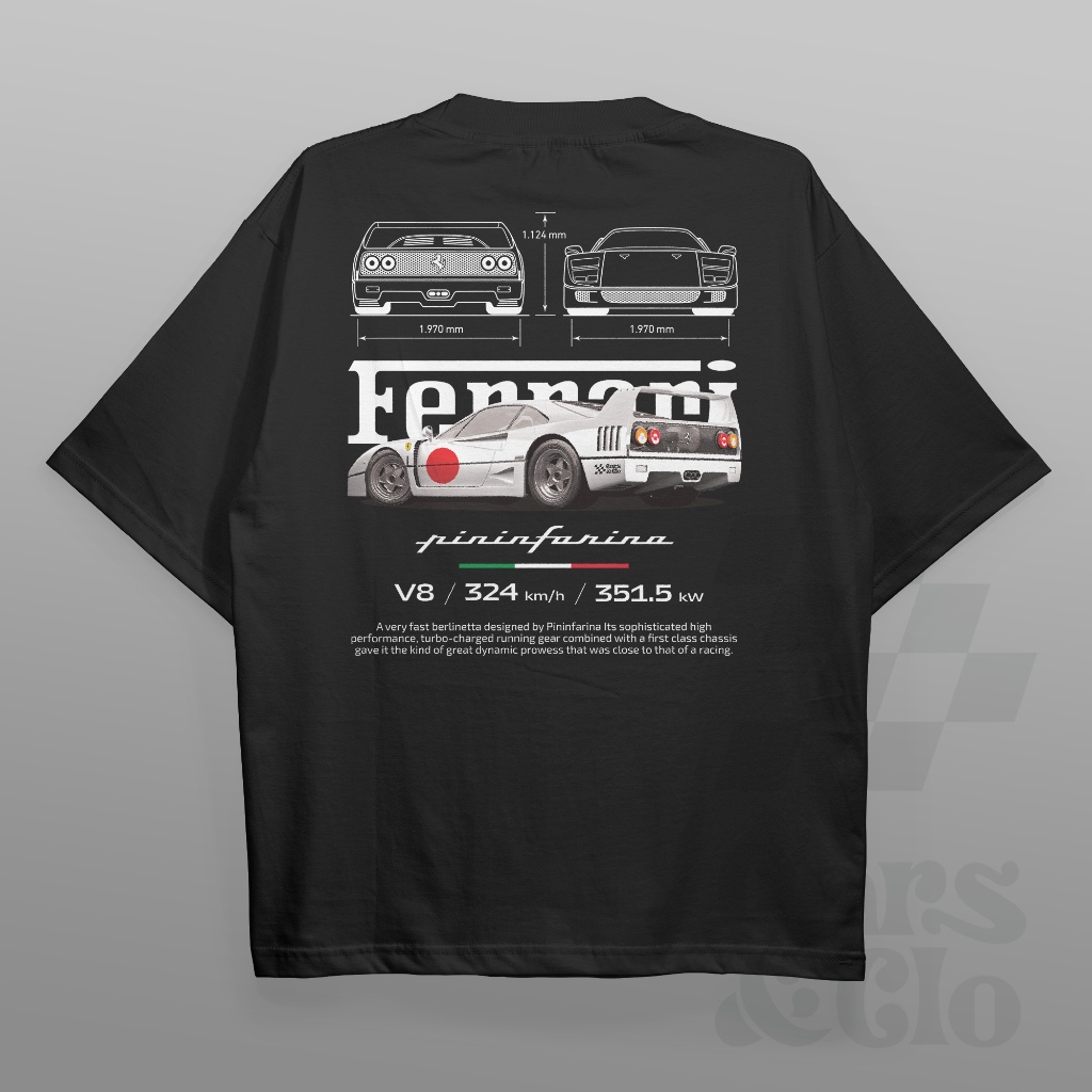 ยินดีต้อนรับ a เสื้อยืด พิมพ์ลายรถยนต์ และ Clo - Regular Fit สีดํา - Ferrari F40