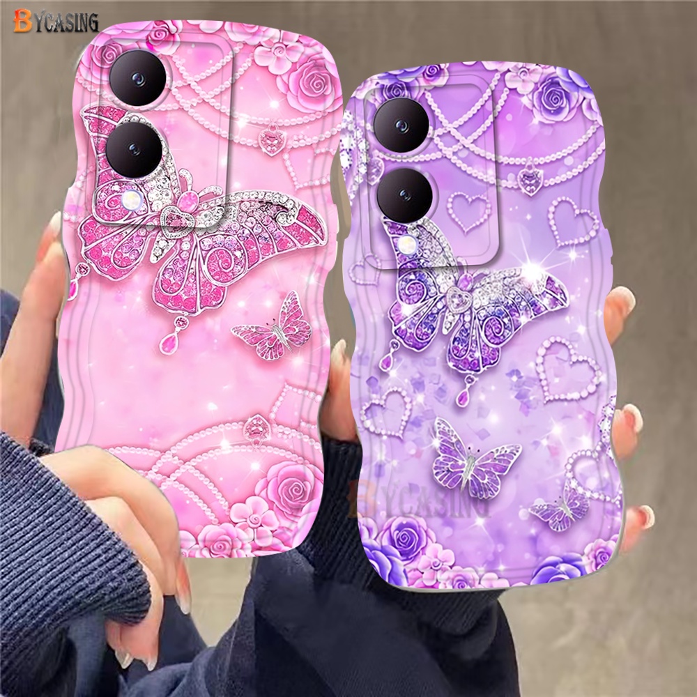 สําหรับ Vivo Y28 Y03 Y17s Y27s Y36 Y11 Y20 Y16 Y15s Y12 Y02 Y12s Y17 Y22s Y33s Y15A Y21s V5 Y35 Y02s Y02s Y91C ประกายขอบผีเสื้อนุ่มTPUกรณี