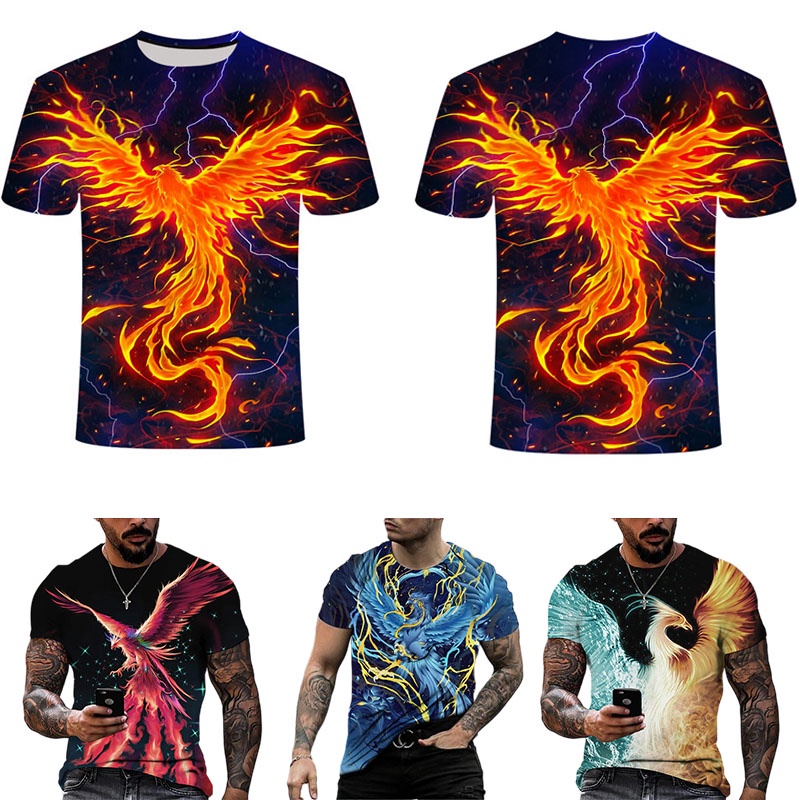 3D พิมพ์เปลวไฟ Phoenix Graph เสื้อยืดผู้ชาย Vintage Casual เสื้อแขนสั้น Y2k O-คอ Streetwear Tees แฟช