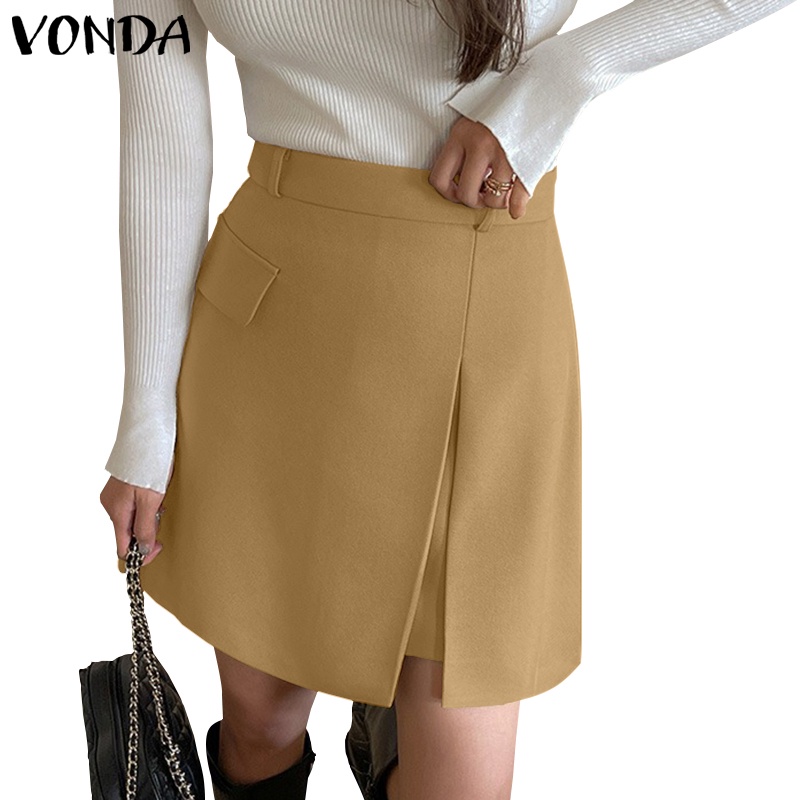 Vonda กระโปรงผ่าครึ่ง สีพื้น สไตล์เกาหลี สําหรับผู้หญิง