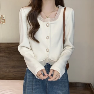 เสื้อแขนยาว ผ้าถัก ติดกระดุม แฟชั่นสไตล์เกาหลีเรโทร สําหรับผู้หญิง